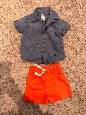 NWOT Carter’s Chambray Button-Up Short Sleeve Shirt & Orange Shorts Set